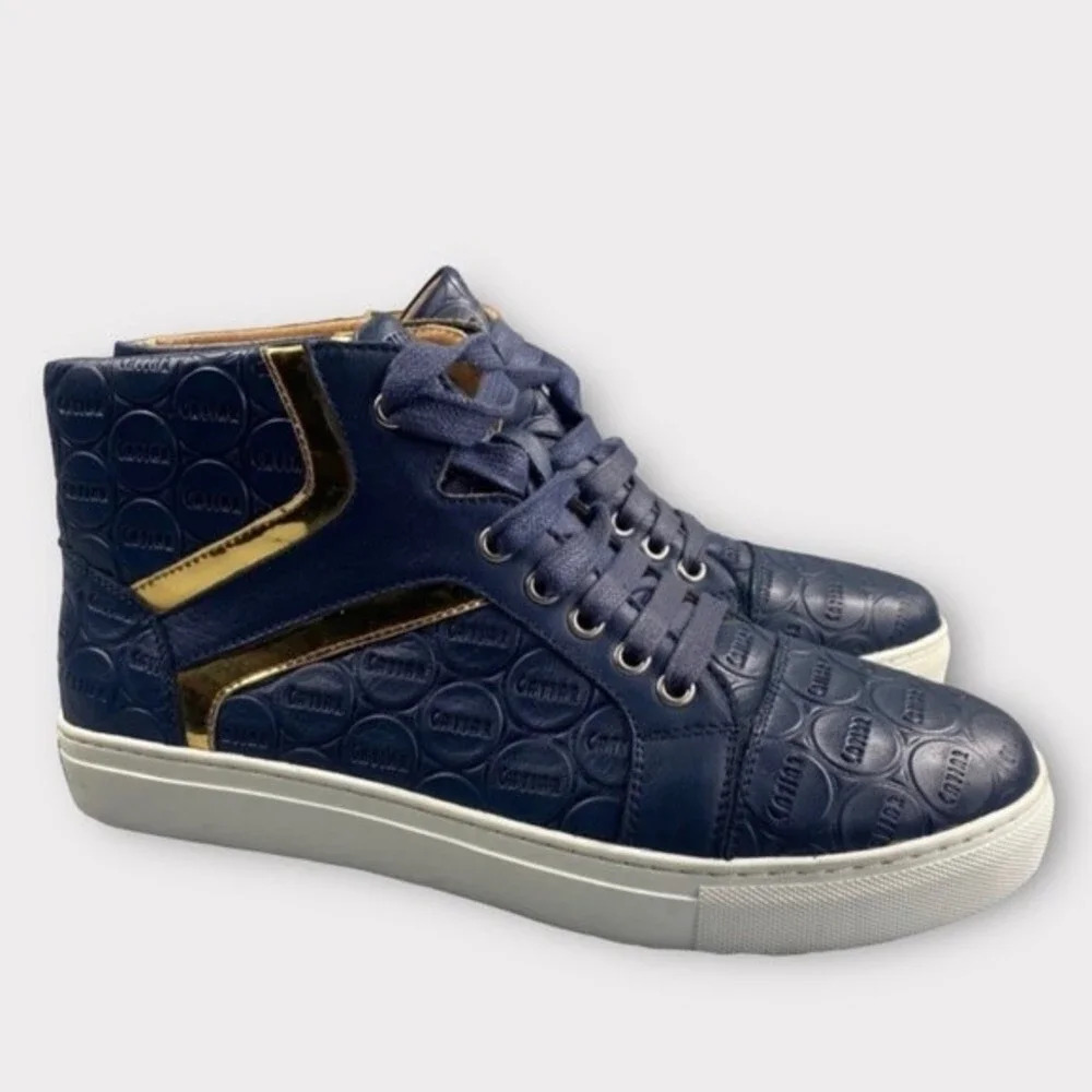 Caviar Denim‎ High Top Shoes Leather Blue White Gold Mens US Size 9 EU 42 Logo
